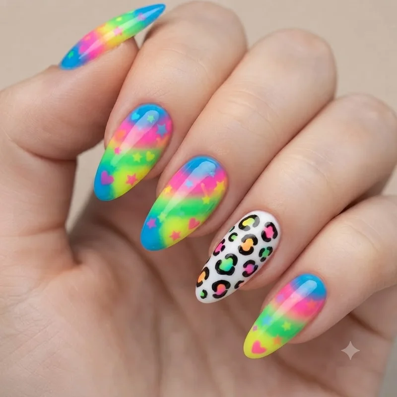 Neon rainbow Lisa Frank inspired nail art with hand-painted leopard print details on the accent nail