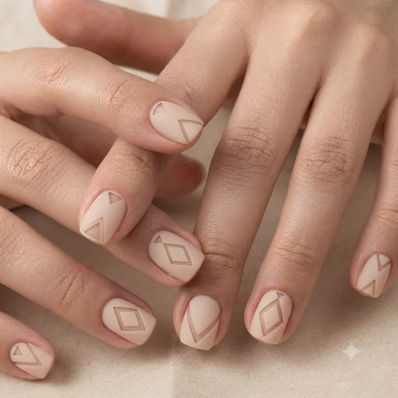 Matte top coat negative space nail design with geometric cutout in nude polish from 2016 trend