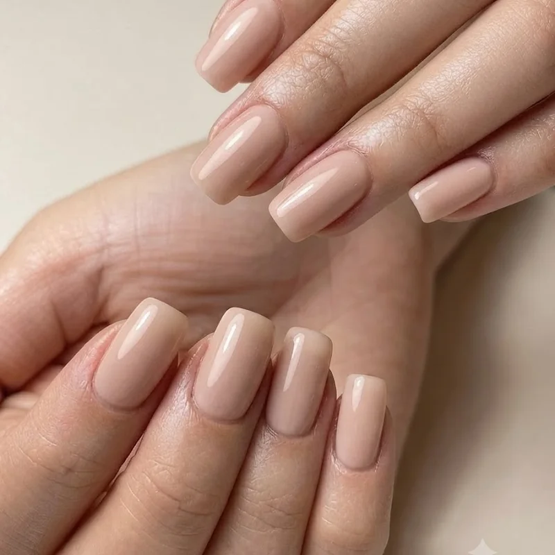 Close-up of squoval nail shape in nude pink polish, the softened squared tip that defined 2016 nostalgia nail design