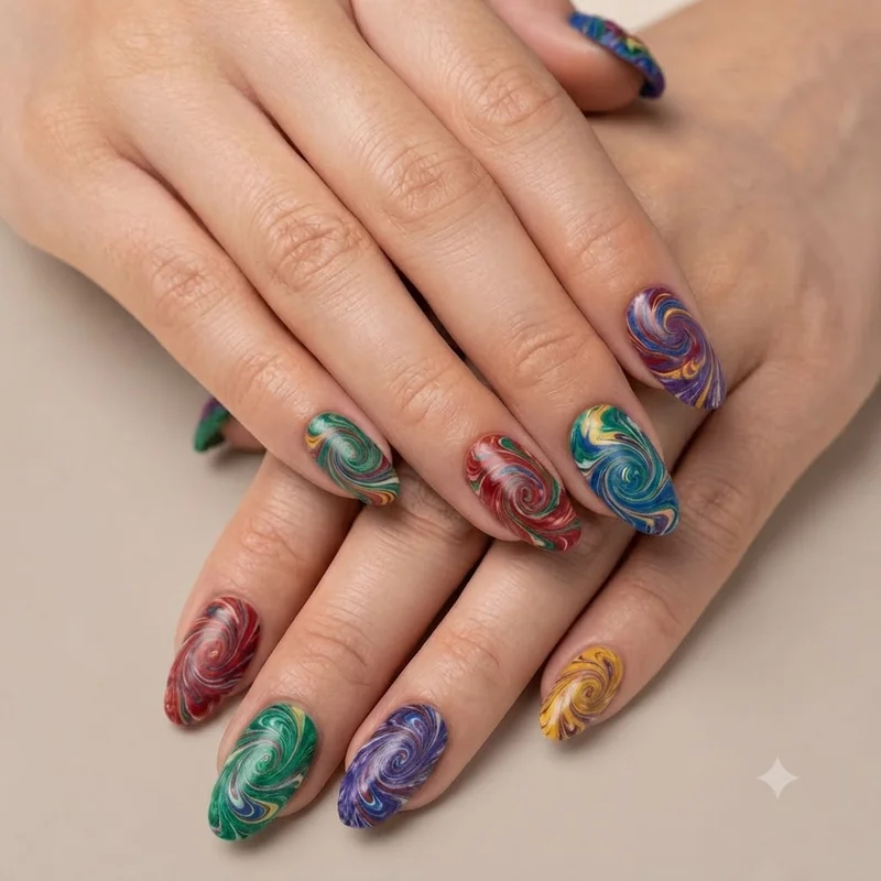 Water marble nail art showing swirled multicolour pattern created with the 2016 dip technique