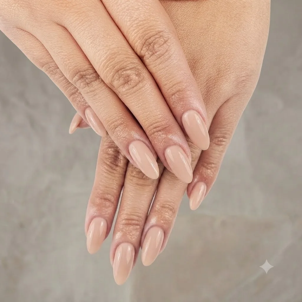 Acrylic nails in a glossy nude almond set, an editorial close-up capturing the smooth hard finish and clean cuticle line