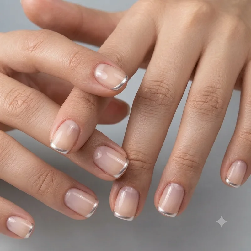 Micro French tip with soft chrome finish on a short acrylic nail set in a modern minimalist style
