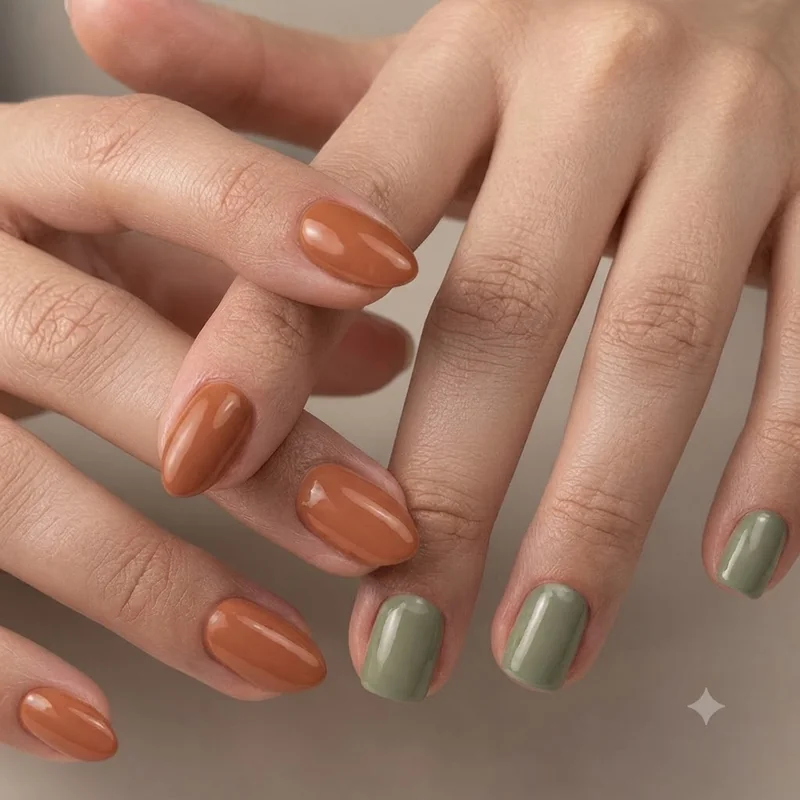 Almond and squoval boho nails shown side by side in earthy terracotta and sage tones