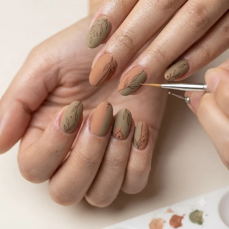 Close-up of hand-painted boho nail linework mid-process showing dotting tool and fine brush technique