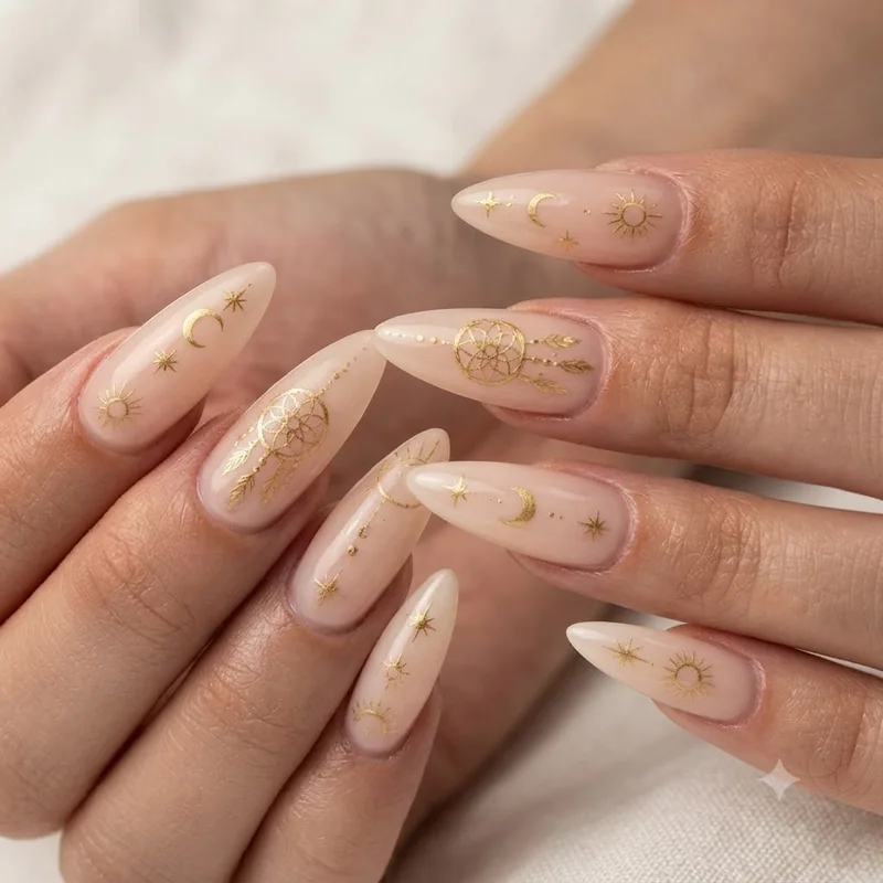 Nude base boho nails with a hand-painted gold dreamcatcher and celestial sun and moon symbols