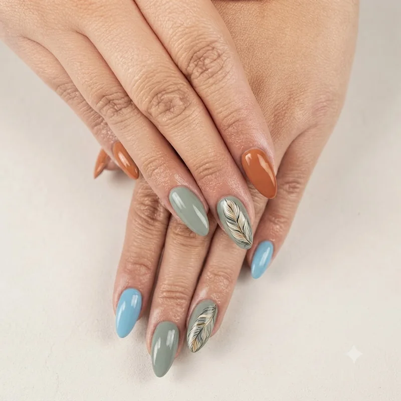 Boho nail colour palette in terracotta sage and turquoise with a hand-painted feather accent nail
