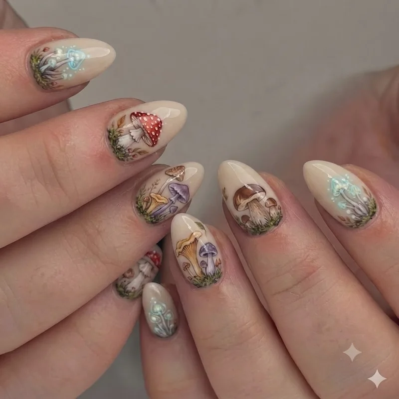 Cottagecore nails in soft sage and dusty rose with hand-painted wildflower detail on almond tips