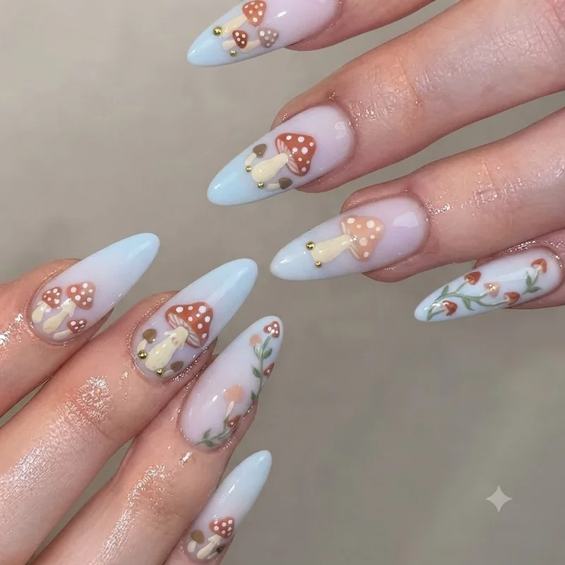 Fairycore nails in almond and coffin shape with 3D sculpted floral and wing elements