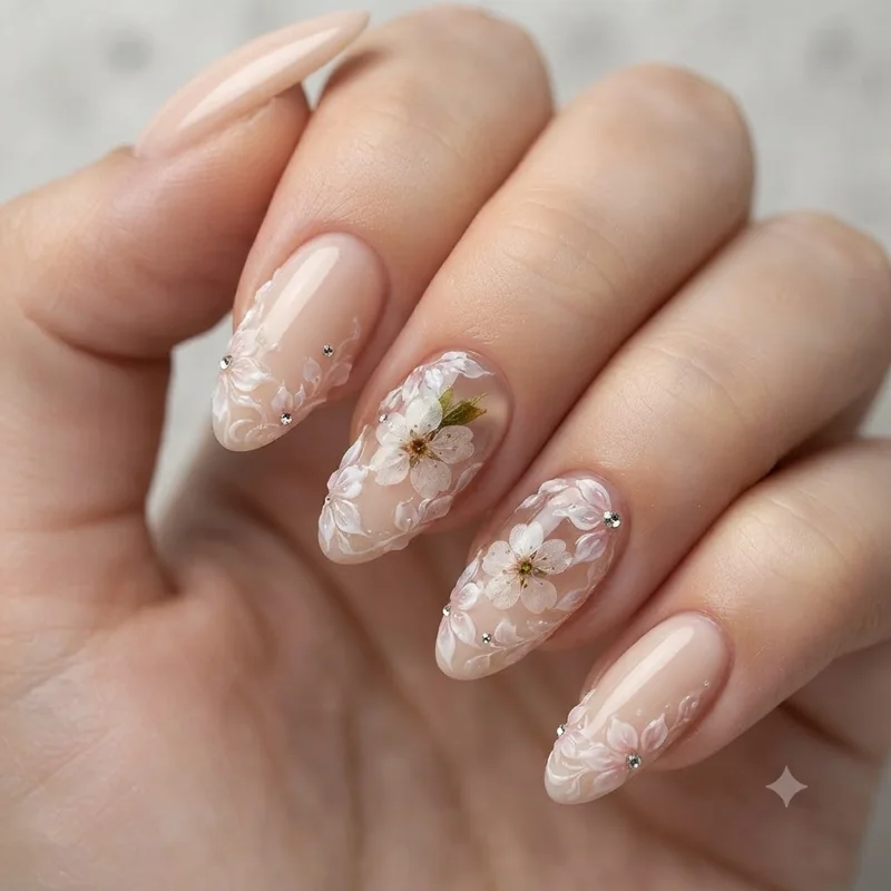 Fairycore nails DIY friendly mushroom toadstool motif on a milky pastel base at home
