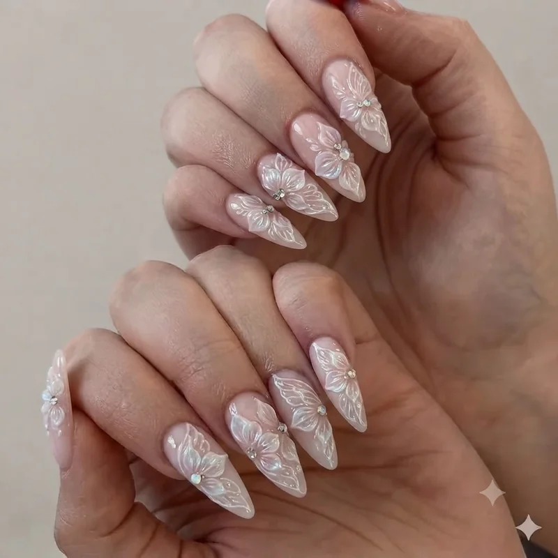 Fairycore nails full set showing milky opalescent pastel palette across lavender sage and rose