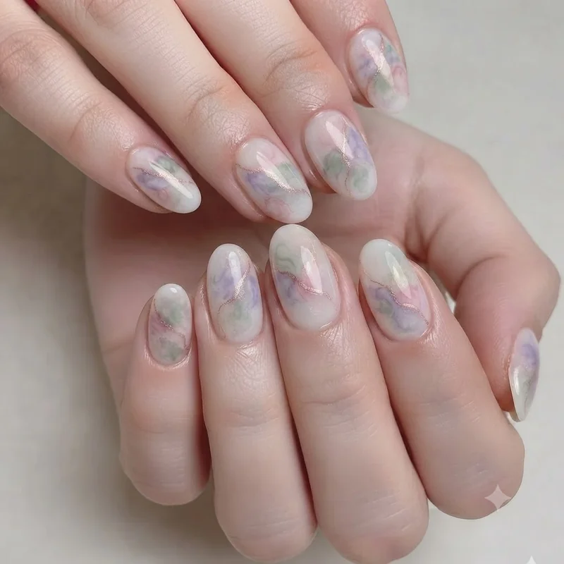 Fairycore nails set with a milky pastel base and a sheer fairy wing accent nail