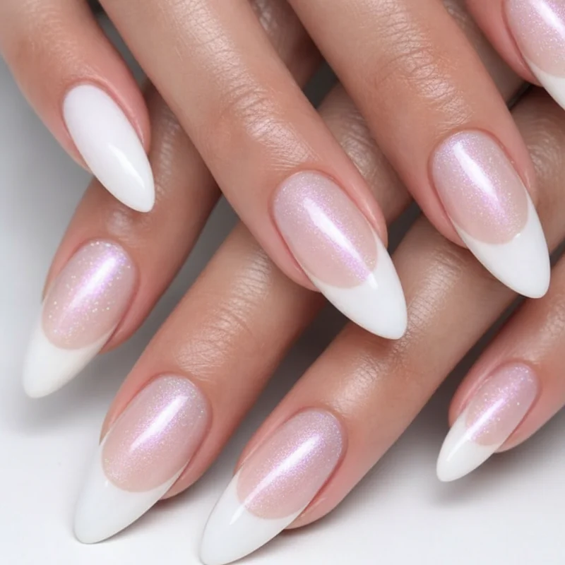 Quiet luxury nail finishes comparison showing milky gloss, glazed pearl chrome, soap nail transparency, and micro-shimmer depth on almond shaped nails