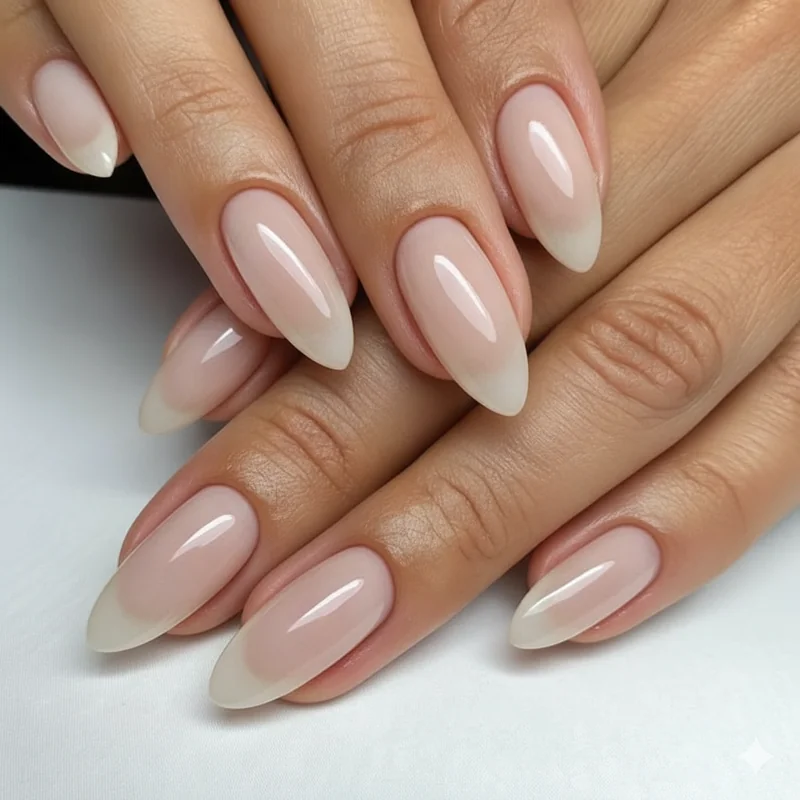 Short almond nails in a sheer milky finish showing the quiet luxury aesthetic with intentional short length and a polished editorial look