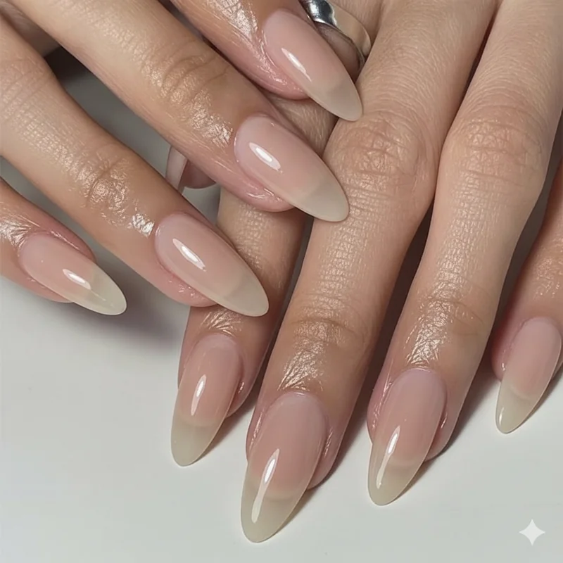 Your nails but better look showing sheer gloss short manicure with clean cuticles and a minimalist quiet luxury nail finish on short almond shape