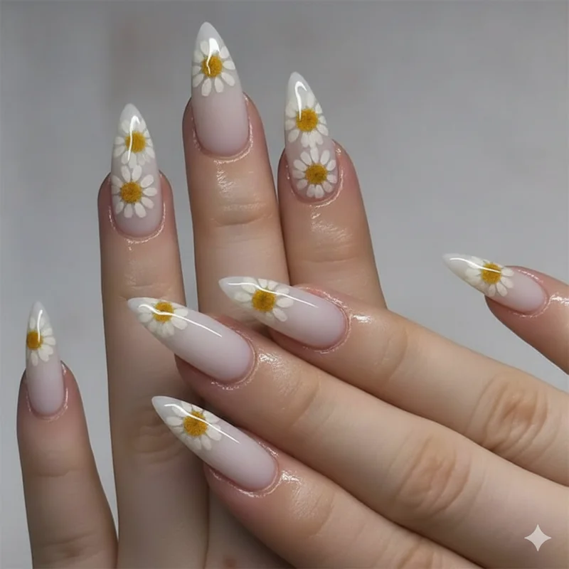 Pressed flower nail art for soft girl aesthetic showing daisy encapsulation on milky white almond nails feminine dreamy detail work