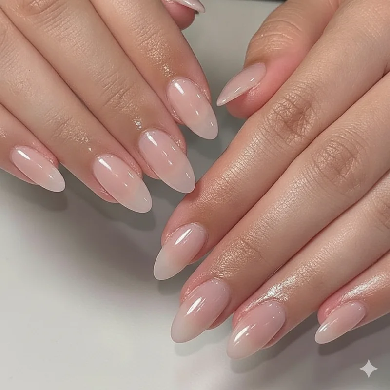Soft girl nail aesthetic showing sheer milky pink almond-shaped nails with high-gloss glassy finish for a dreamy feminine look