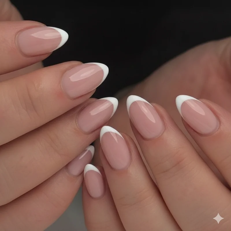 Soft girl nail brief showing ballerina pink micro French tip on almond nails the perfect salon appointment vocabulary and design result
