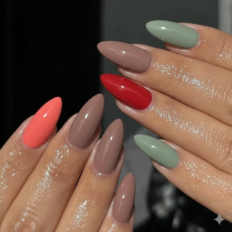 Nail colors for medium skin almond nails showing coral rose mauve true red and sage green as the most flattering versatile 2026 palette options