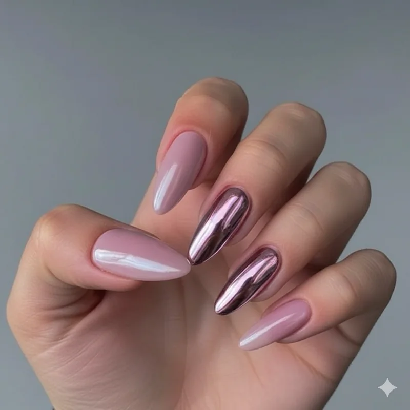 Nail finish comparison gloss matte chrome and jelly glazed on almond nails showing how each finish interacts with varied skin tones differently