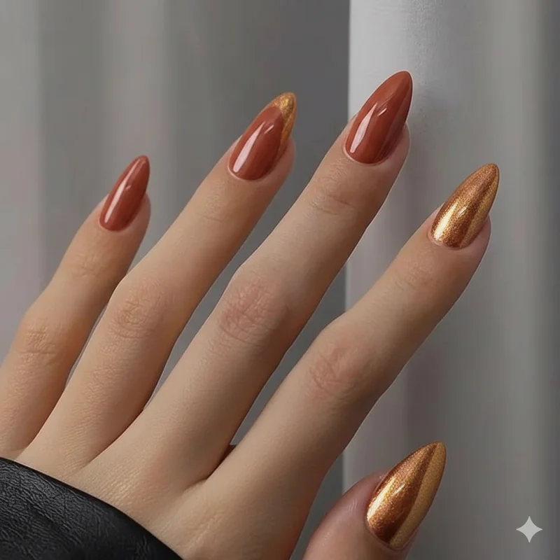 Olive skin almond nail colors showing terracotta warm caramel brick red and gold chrome as ideal warm earthy shades that enhance golden undertones