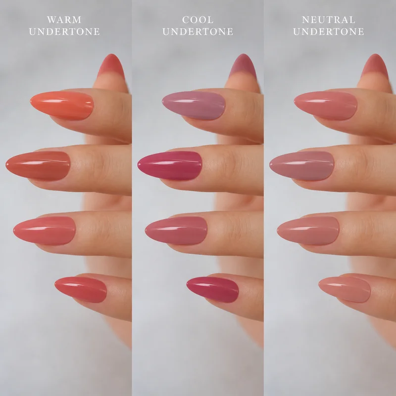 Warm cool and neutral undertone nail color interaction on almond nails showing how same pigment reads differently across skin undertone categories