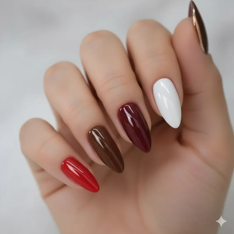 Universal almond nail colors 2026 featuring classic red chocolate brown deep burgundy milky sheer white and champagne chrome flattering every skin tone