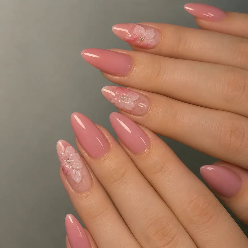3D sculpted flower almond nail designs for bridal occasions with feature nail art detailing on accent fingers