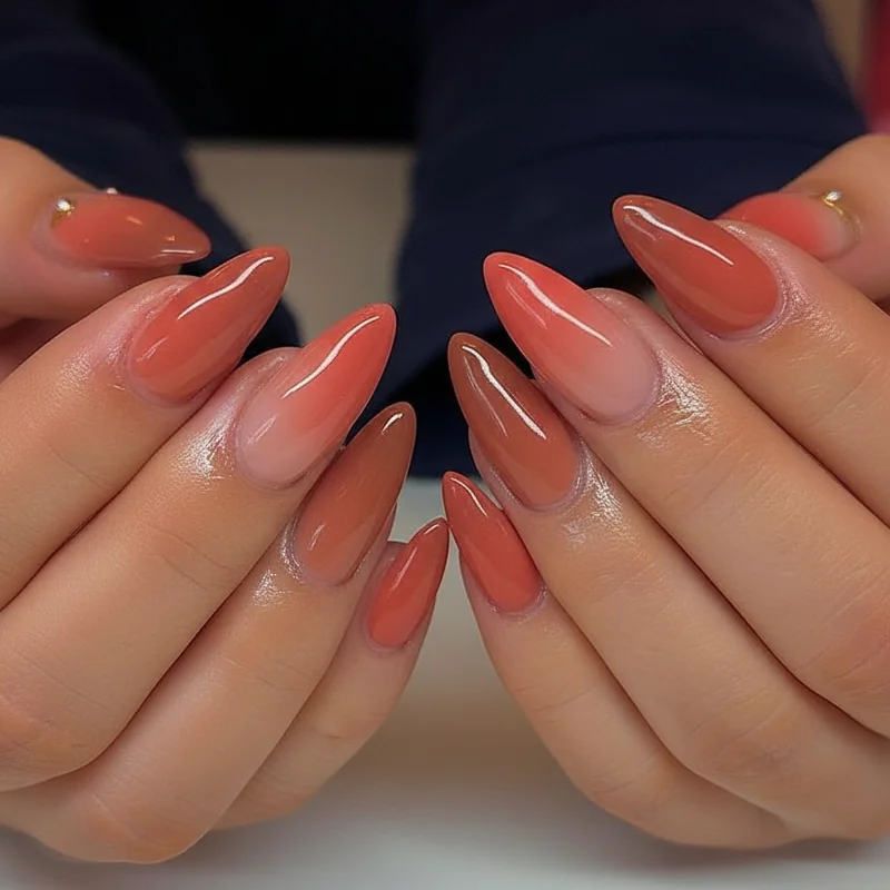 Almond nail ideas for medium olive skin tones featuring terracotta mocha and warm coral shades that complement