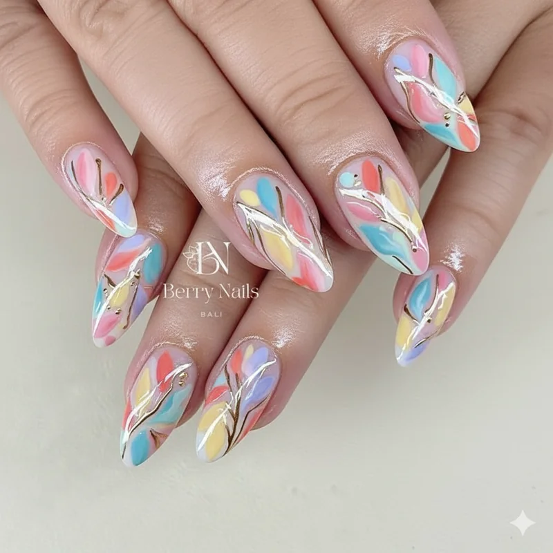 Botanical print abstract flower almond nail art for spring summer 2026 with hand painted editorial design