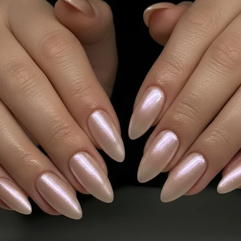 Bridal pearl chrome almond nails for wedding occasions with high gloss elegant finish that photographs beautifully