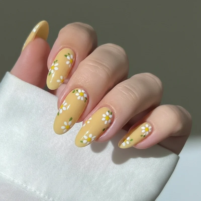 Butter yellow floral almond nails for spring 2026 with daisy detail and soft girl aesthetic pastel base