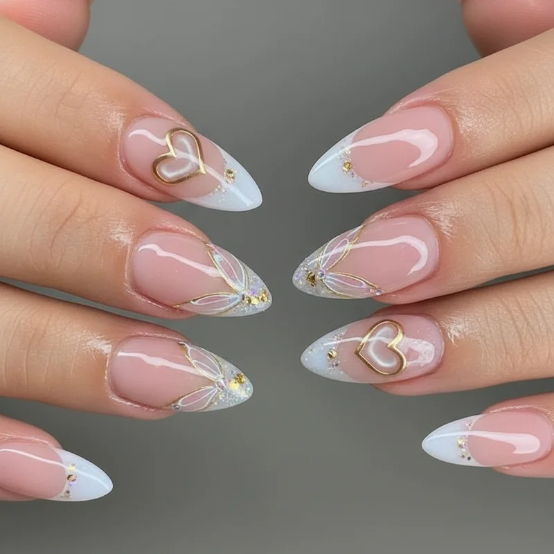 Glasswing French tip almond nails for weddings with sheer iridescent base and ultra-fine smile line bridal design