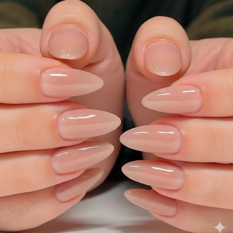 Glazed nude simple almond nails with expensive looking high shine gloss finish for minimal low maintenance look