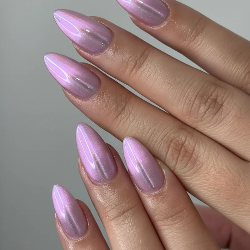Iridescent cat eye chrome almond gel nails with magnetic shimmer in lilac for dimensional reflective finish