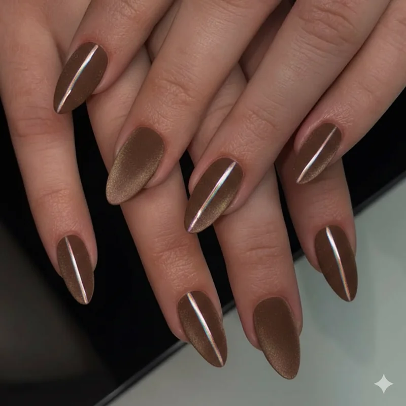 Mocha cat eye magnetic almond nails with velvet dimensional shimmer finish among top trending designs in 2026