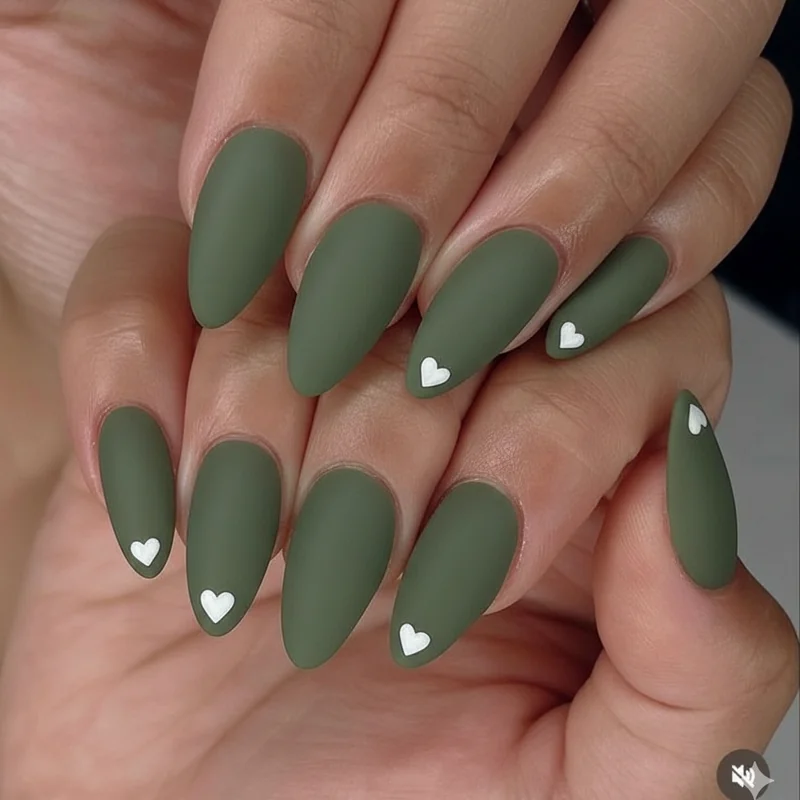 Olive green almond nail art with white heart detail at cuticle for modern earthy colour statement 2026