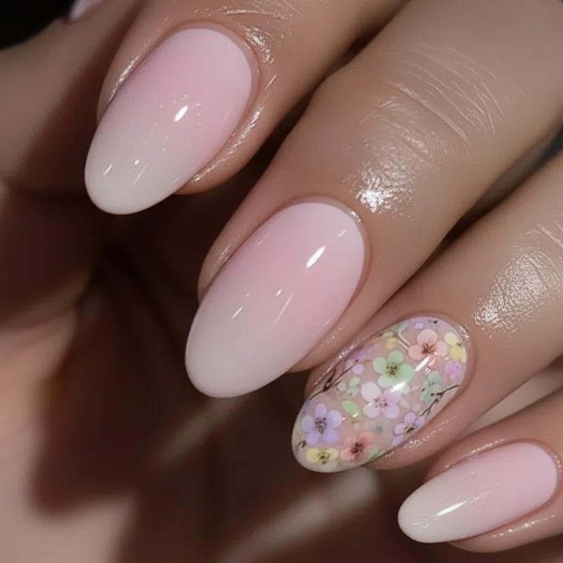 Pastel ombre almond nails with floral accent detail for spring 2026 in soft pink and lilac gradient tones