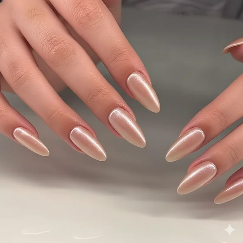 Pearl chrome almond nails with milky glaze finish showing reflective dimensional effect popular on NailTok in 2026