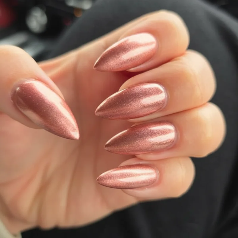 Rose gold chrome almond gel nails with champagne glaze finish for special occasions parties and evening events
