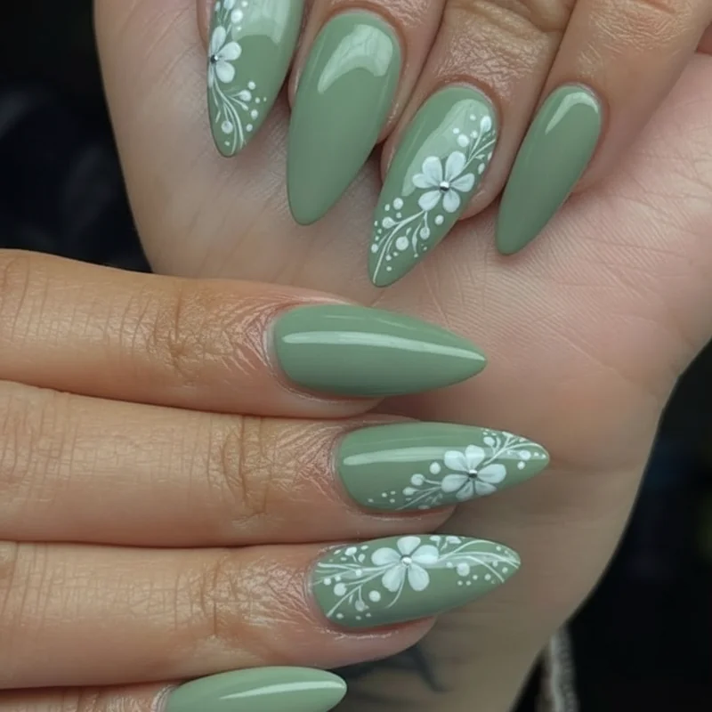 Sage green and white hand painted flower almond nail design for summer nail inspo with 3D water drop detail