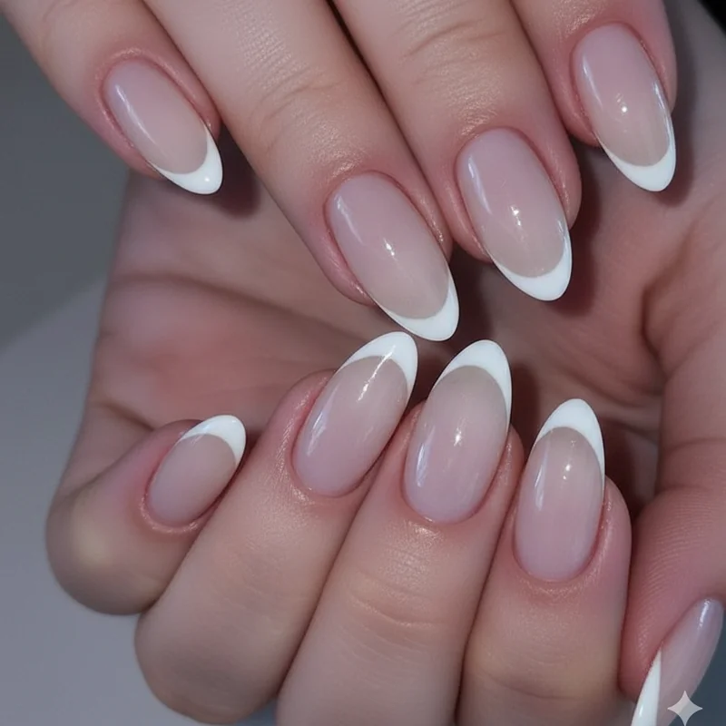 Short almond nail ideas in milky neutral with micro French tips beginner-friendly manicure for natural nail length