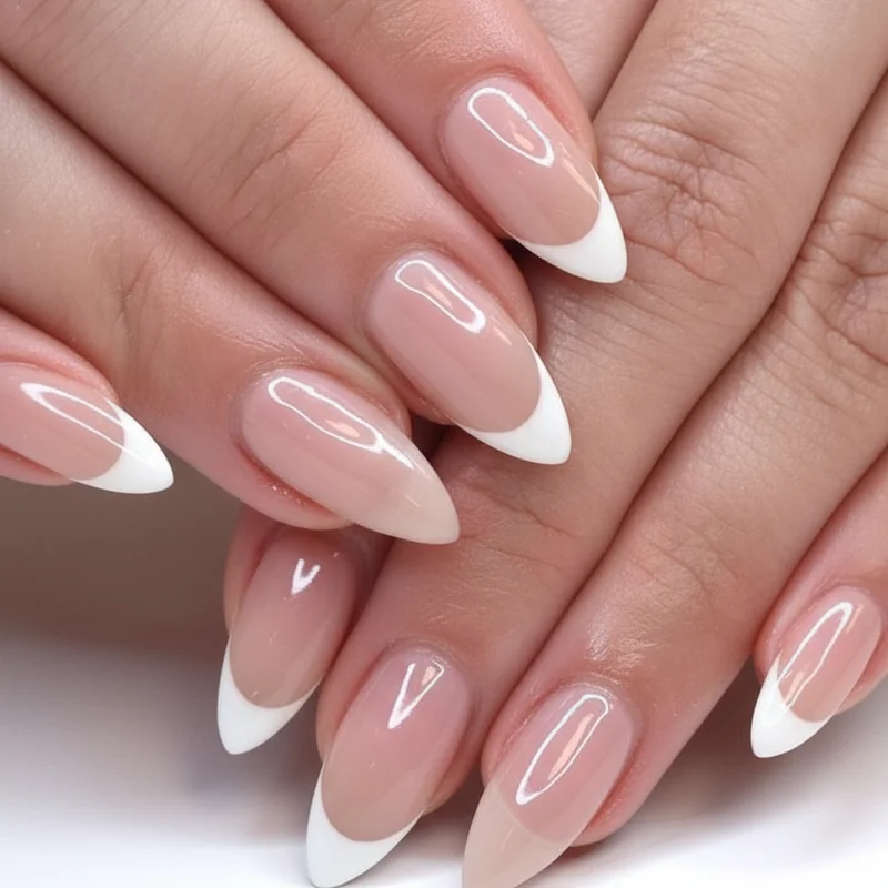 Short almond nail micro French tip in sheer glass finish for natural looking flattering everyday manicure