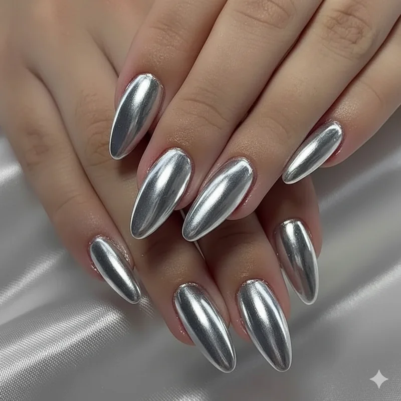 Silver mirror chrome almond nails with full coverage metallic finish for high impact statement manicure 2026