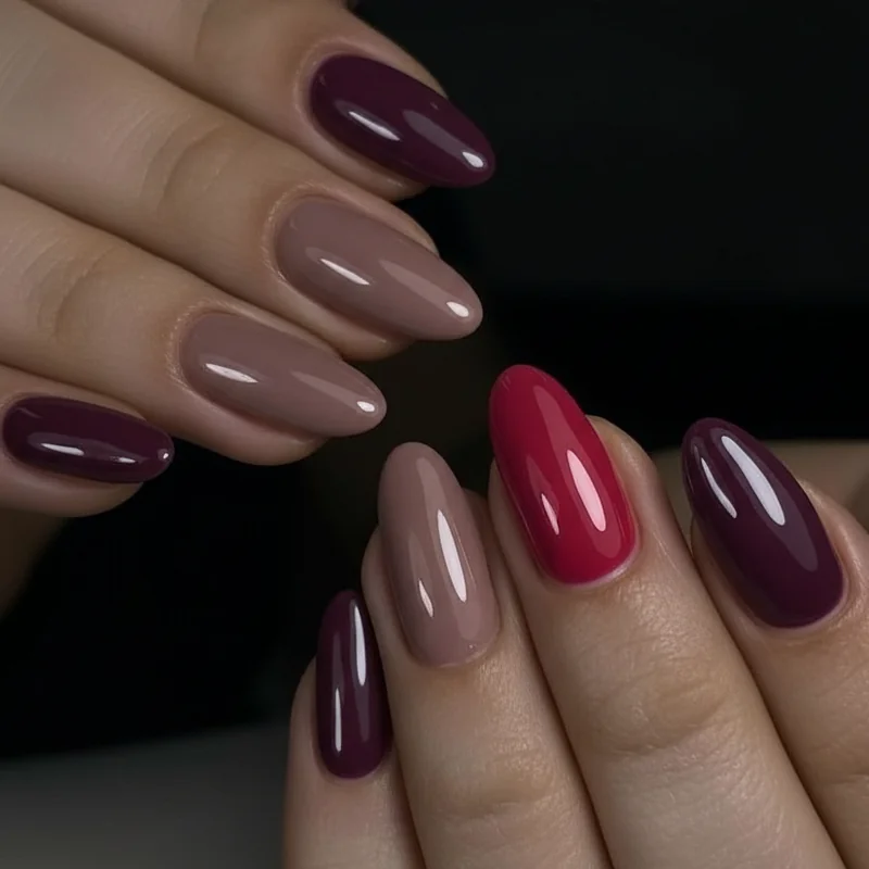 Skittles almond nails in plum mauve berry pink colour story mix for playful editorial NailTok set 2026