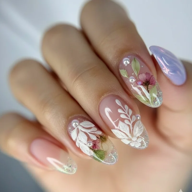 3D textured almond nails 2026 showing botanical sculpted gel work micro pearls and encapsulated dried florals on tapered nail shape
