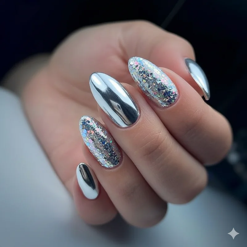 Almond nail trends fading in 2026 including mirror chrome heavy holographic glitter and stark high contrast French tip showing dated looks