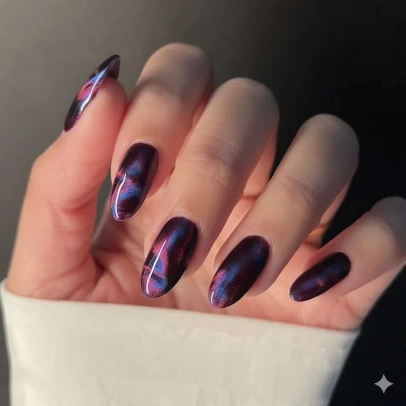 Aura almond nails and velvet cat eye magnetic gel finish in deep berry and navy trending on NailTok 2026 with directional shimmer