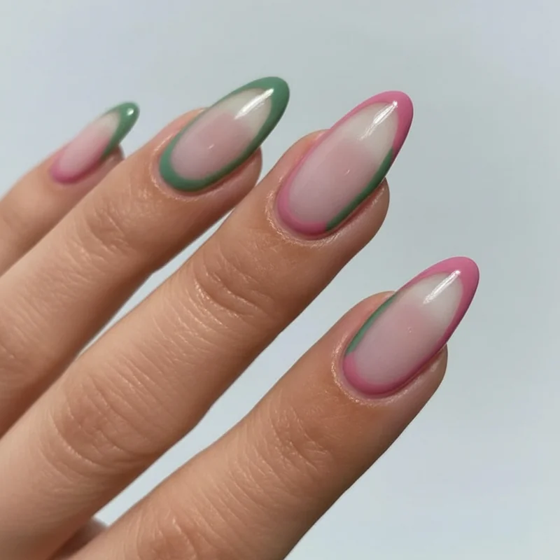 French tip almond nails 2026 showing micro line technique colour tips in sage and dusty rose and glasswing sheer tip effect comparison
