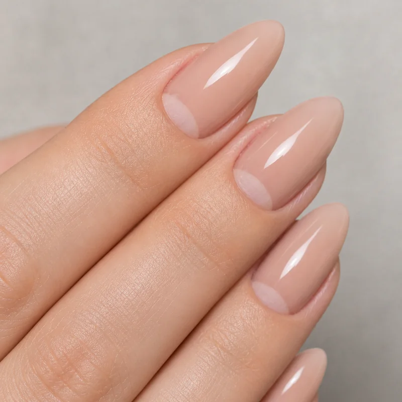Almond nail fill schedule showing two to three week regrowth gap visible at base of tapered enhancement where natural nail growth becomes noticeable