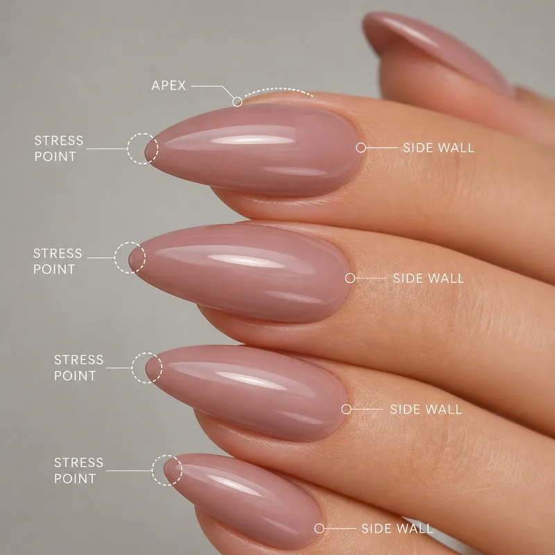 Almond nail shape anatomy showing tapered tip and lateral side wall as primary stress points where lifting and breakage start after salon visit